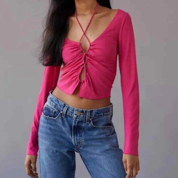 Urban Outfitters Elena Drawstring Cutout Top Hot Pink Long Sleeve Size L - Picture 1 of 7